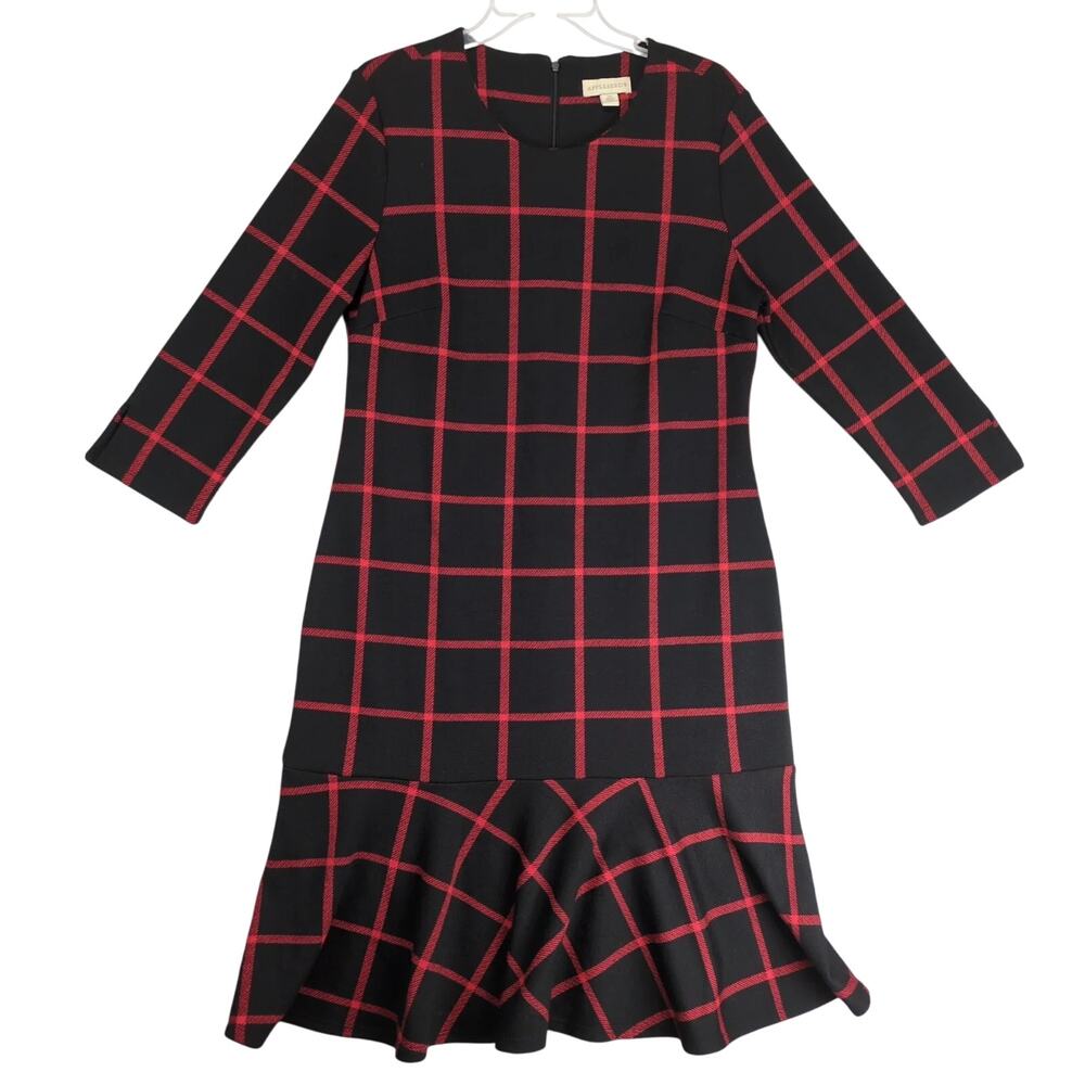 Appleseed's Red Black Plaid Knit Dress Sz 10 Ruffle Hem 3/4 Slv Academia Preppy